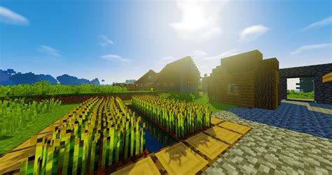 sunlight, landscape, grass, sky, field, Minecraft, farm, shaders, flower, agriculture ...