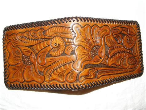 Hand-Tooled Leather Wallet / Tan Cactus Flower