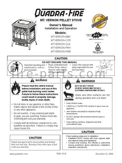 Mount Vernon Pellet Stove Owner's Manual: A Comprehensive Guide to Installation, Operation ...