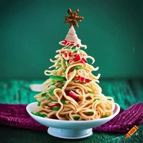 Festive bowl of christmas tree-flavored noodles