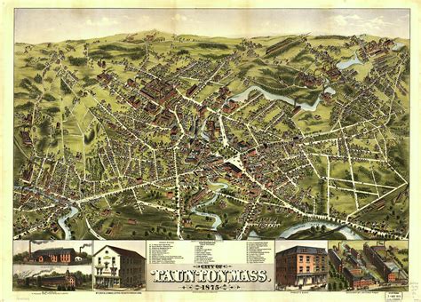 Vintage Pictorial Map of Taunton MA - 1875 Drawing by ...