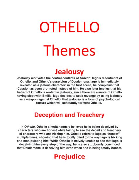 Othello summery - OTHELLO Themes Jealousy Jealousy motivates the ...