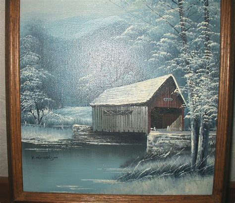 Covered Bridge Oil Painting Winter Snow Blue Wonderland Scene Trees and River Rural Artist K ...