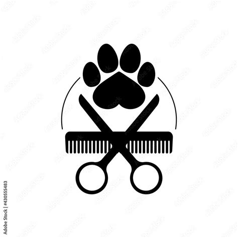Dog grooming logo design template. Dog pawprint with comb and scissors. Vector clipart and ...