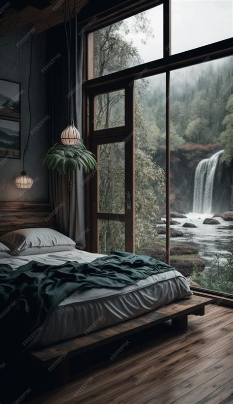 Premium AI Image | A bedroom with a waterfall in the background.