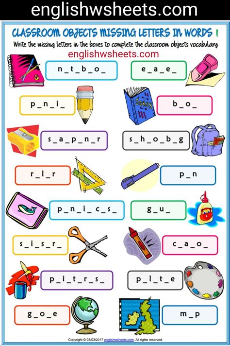 Classroom Objects Esl Printable Missing Letters in Words Worksheets For Kids #classro ...