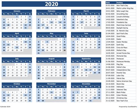 Download 2020 Yearly Calendar (Sun Start) Excel Template - ExcelDataPro