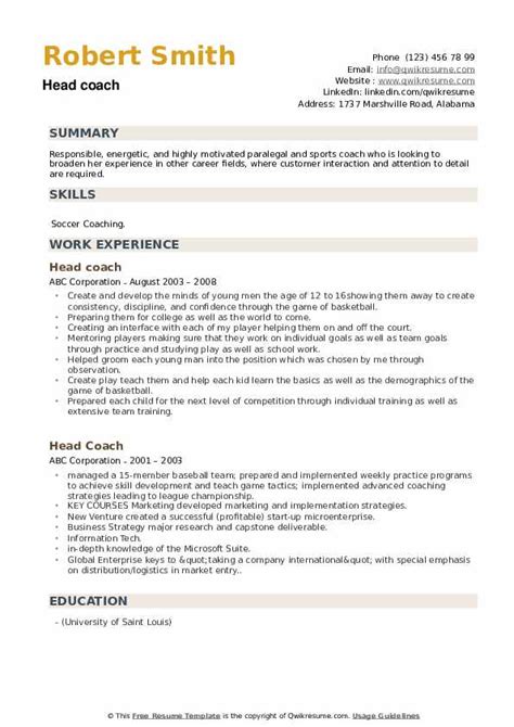 Head Coach Resume Samples | QwikResume