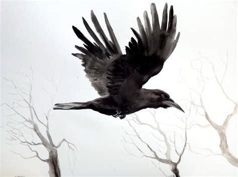 Flying crow original large watercolor painting 15 X 20 in