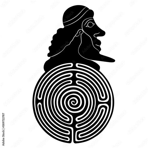 Round spiral maze or labyrinth symbol with bearded human head. Theseus, Daedalus or Minos ...