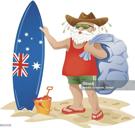 Australian Santa Clause On A Beach With Surfboard Stock Illustration ...