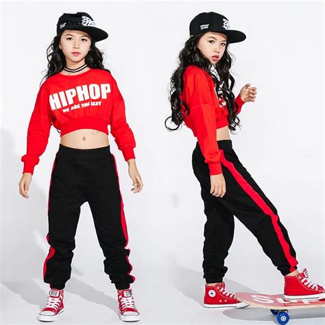 Hip Hop Jazz Dance Costume Girls Street Dance Clothing Kids Red Long ...