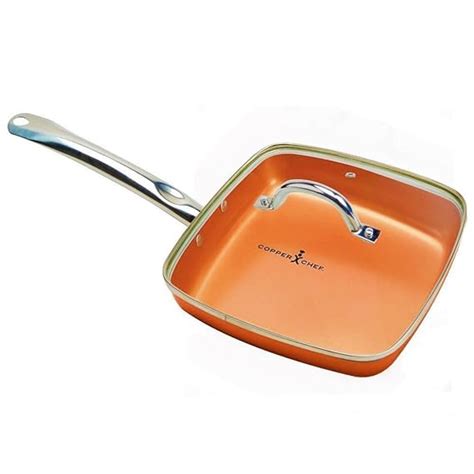 (9.5" Pan with Lid, Copper) - Copper Chef 24cm Square Frying Pan With Lid - Skillet with Ceramic ...