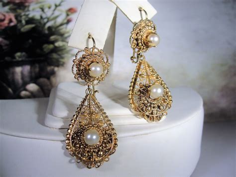 14K Yellow Gold Intricate Filigree Pearl Chandelier Earrings, Drop Dangle Earrings, Filigree ...