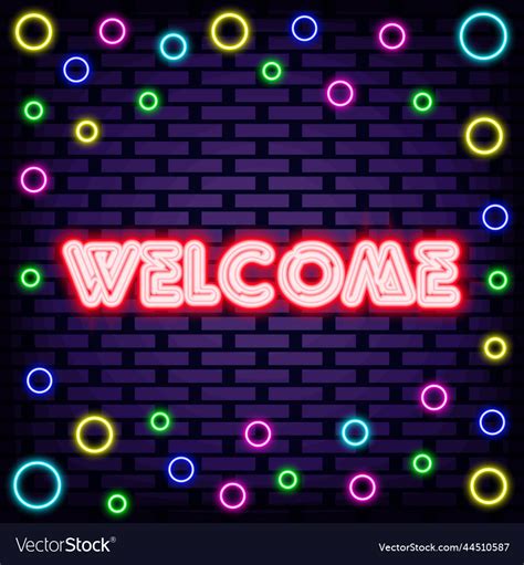 Welcome badge in neon style on brick wall Vector Image