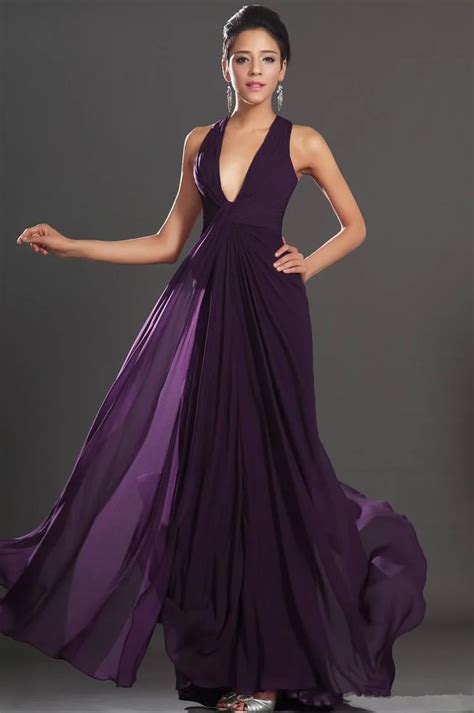 2015 Sexy Deep V Neck Long Chiffon Bridesmaid Dresses Dark Purple Backless A Line Dresses Junior ...