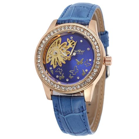 Hot Sale Butterfly Design Women's Diamonds Watches Hand Wind Up Mechanical Watch Ladies Skeleton ...