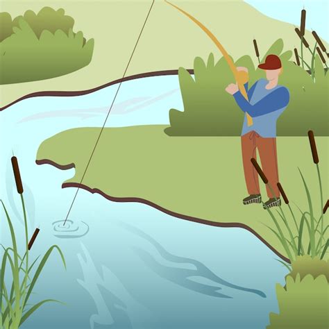 Man fishing in lake cartoon vector illustration | Premium Vector