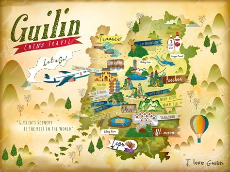 Premium Vector | China Guilin travel map with famous attractions and ...