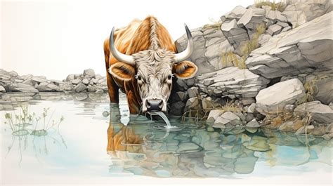 Premium AI Image | Painting of a cow drinking water from a pond with rocks in the background ...