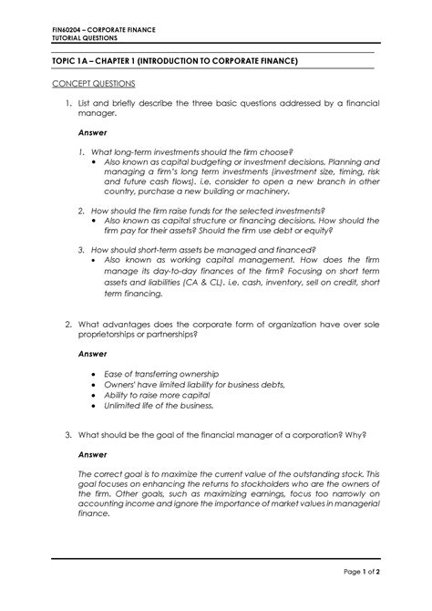 Tutorial 1A - Solutions - FIN60204 – CORPORATE FINANCE TUTORIAL ...