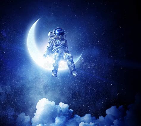 Astronaut Sit on Crescent Moon. Mixed Media Stock Image - Image of cosmos, science: 103931061