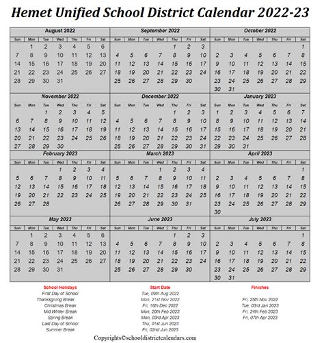 Hemet Unified School District 2022-2023 Calendar With Holidays