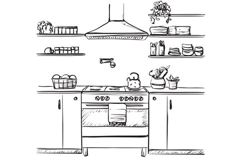 Kitchen sketching interior | Food Illustrations ~ Creative Market