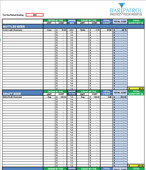 Beverage Inventory Spreadsheet ~ MS Excel Templates