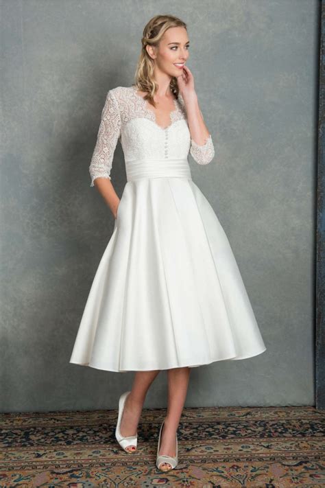 Wedding Dress Lace Sleeves Tea Length