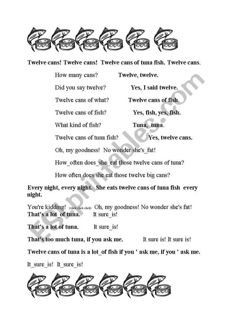 Twelve cans of tuna fish jazz chant - ESL worksheet by orchyas