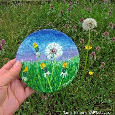 Dandelion Painting Original Flower Art Wild Flowers Round | Etsy