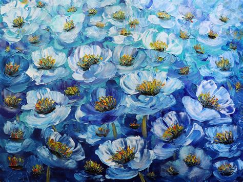 Blue FLOWERS Original Painting Impasto Textured Modern Art Anemones Large Canvas