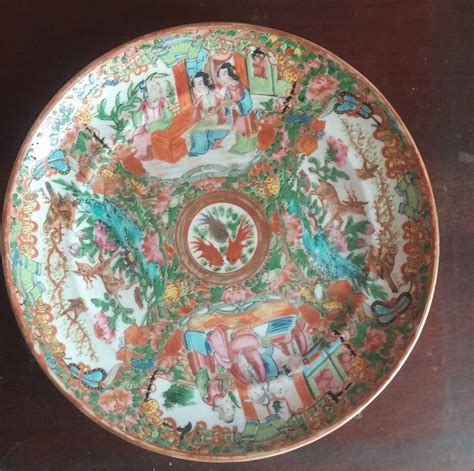 Antique Chinese Hand Painted Plate Rare Rose Mandarin Koi Deer Motif ...