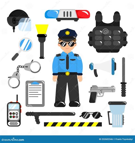 Set of Police Equipment in Cartoon Style. Vector Illustration Police Officer, Pistol, Baton ...