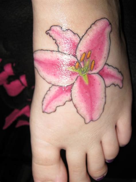 Cute Oriental Lily Tattoo Design on Foot for Girls