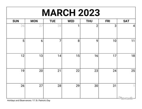 March 2023 Calendar | Free Printable with Holidays