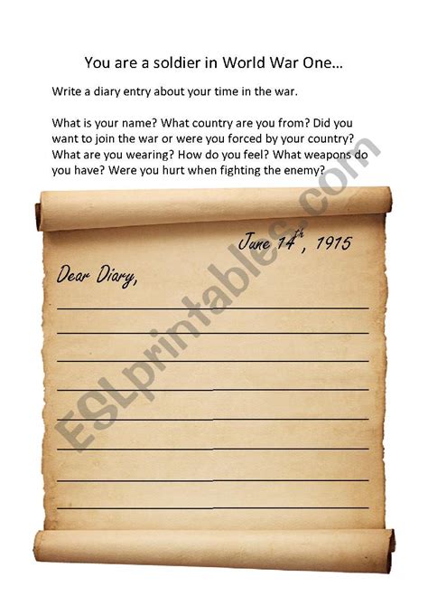 World War One soldier diary entry - ESL worksheet by niajones8