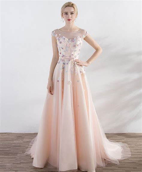 Elegant champagne pink tulle prom dress, round neck long evening dress | Evening dresses long ...