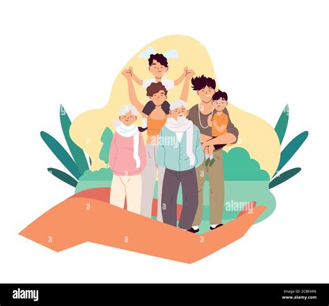 Mother father and sons with grandparents cartoons on hand design, Family relationship and ...