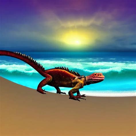 A realistic looking iguana riding on a surfboard in | Stable Diffusion | OpenArt