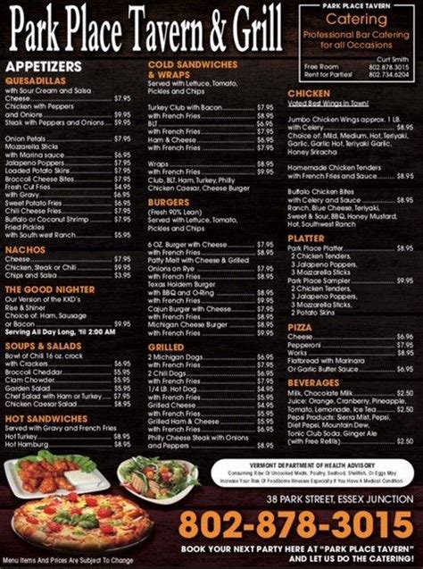 Menu at Park Place Tavern pub & bar, Essex