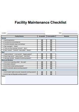 5+ SAMPLE Facility Maintenance Checklist in PDF