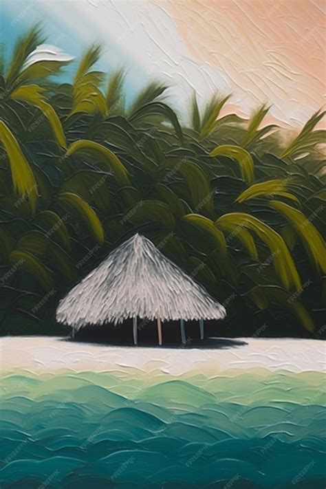 Premium AI Image | A painting of a beach scene with a thatched hut in the foreground.