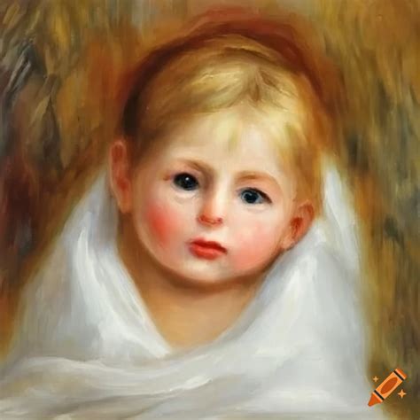 Oil painting of a newborn baby girl wrapped in white cloth