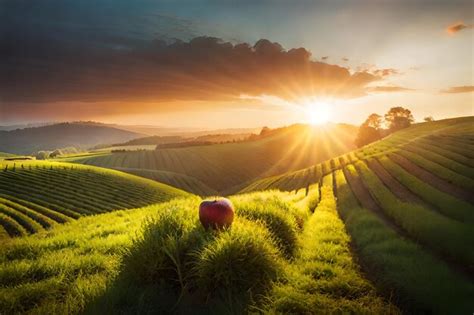 Premium AI Image | sunset on a green hill with a red ball in the middle ...