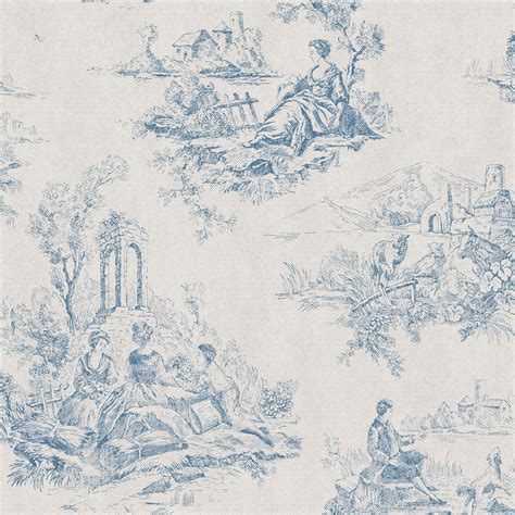 TOILE DE JOUY Wallpaper Blue Country Scene Traditional Vintage Classic ...