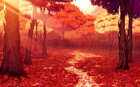 drawing, Artwork, Fall, Leaves, Sunlight, Forest, Red, Anime Wallpapers HD / Desktop and Mobile ...