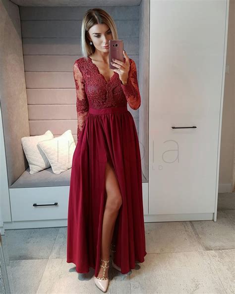 Long Sleeves Wine Red Prom Dress.Formal Occasion Dress, Burgundy Prom ...