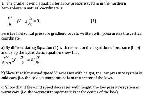 Solved The gradient wind equation for a low pressure system | Chegg.com